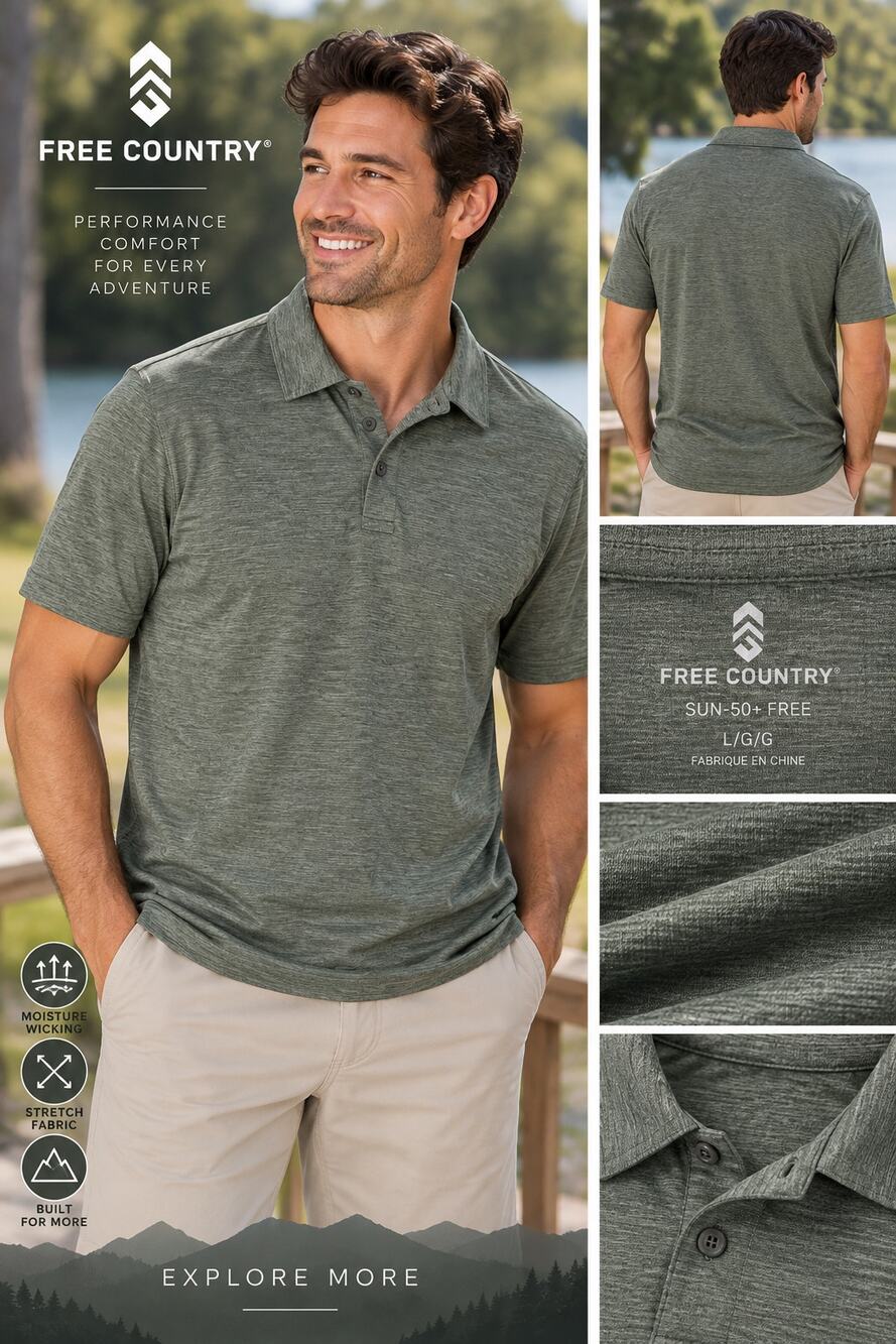 Free Country Performance Polo Shirt Green Gray Short Sleeve Men's Large